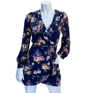 Lulu's That’s a Wrap Blue Floral Mini Long Sleeve Blue Dress Size XS